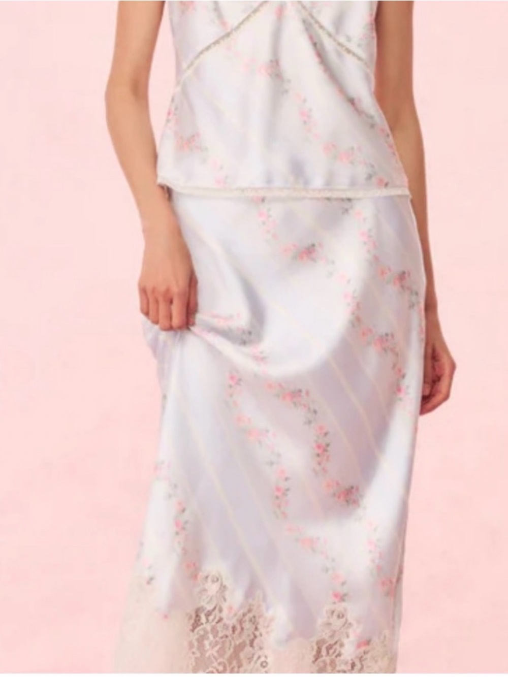 LoveShackFancy Pastel Blue Satin Skirt with Pink Floral Print